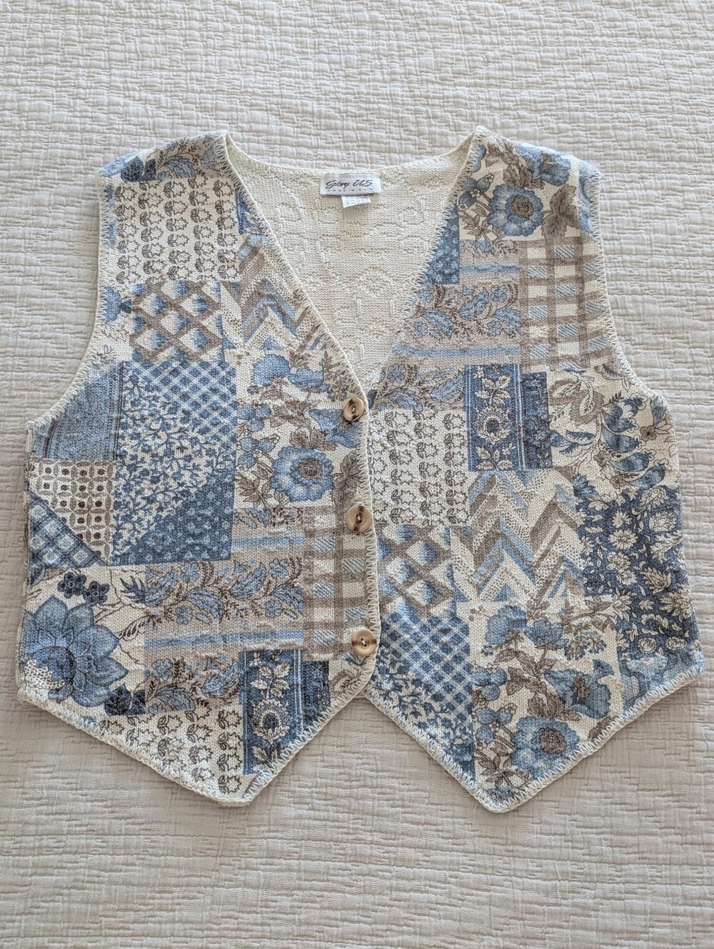 Women's Cotton Knit Blue Cream Floral Button Down Sweater Vest Size M